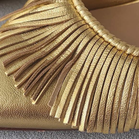 Antonio Melani Jennifer Sumko Mules 5.5 Gold Leather Mimi Fringe Pointy New $130 - Picture 8 of 13